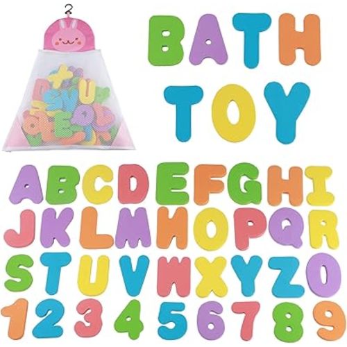 Bath Toys Organizer + 36 Soft Foam ABC 123 Letters & Numbers Bathroom Alphabet Baby Toys for Early Learning Foam Letters and Quick Dry Storage Net Bag for Baby Boys and Girls