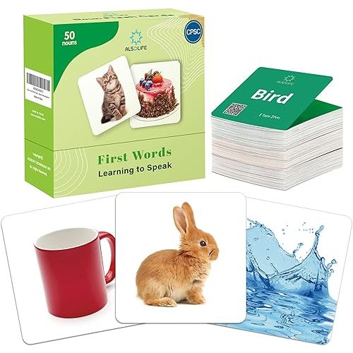 50 First Words Flash Cards for Baby with Fun Videos| Extra Thick Picture Cards for Speech Therapy Noun Cards for Kids Speech Delays| Aba Therapy, Autism Learning Materials ESL Teaching