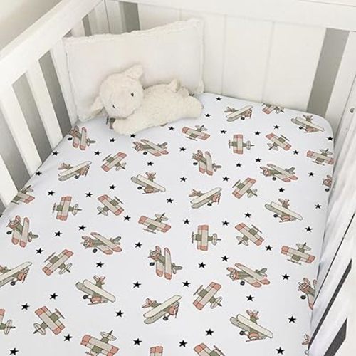 Boy Planes Adventure Neutral Baby Crib Sheets for Boys Airplanes Biplanes Stars Soft Snug Fitted Crib Mattress Covers for 52''x28'' Standard Crib & Toddler Mattress Vintage Models Aircraft Bed Sheets