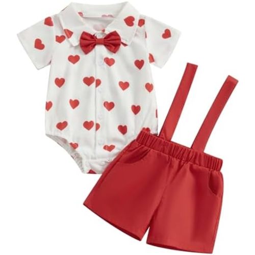 Toddler Baby Boy Valentines Dress Suit Kids Love Heart Gentleman Dress Shirt+Red Shorts Pant 2Pcs Tuxedo Outfits