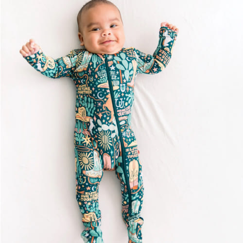 Wild West | Bamboo Footie Onesie Sleeper | "I Love Our Time Together" | Thermo-Regulating, Double Zipper, 4-Way Stretch | Raising Mama