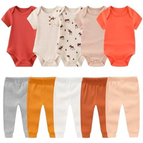 Newborn Baby Layette Gift Set 10-Piece Baby Boy Girl Short Sleeve Bodysuits with Pants Infant Outfit Essentials