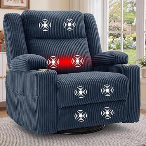 Korser Power Swivel Rocker Recliner with Dual Motor Adjustable Headrest for Adults, Oversized 24" Wide Seat Glider Rocking Chair with Massage & Heat, Corduroy Electric Recliner with USB&Type-C, Blue