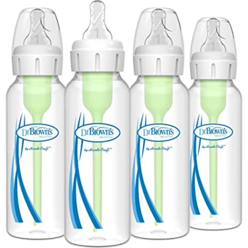 Dr. Brown's Natural Flow Anti-Colic Options+ Narrow Baby Bottle, 8 oz/250 mL, with Level 1 Slow Flow Nipple, 0m+, 4 count