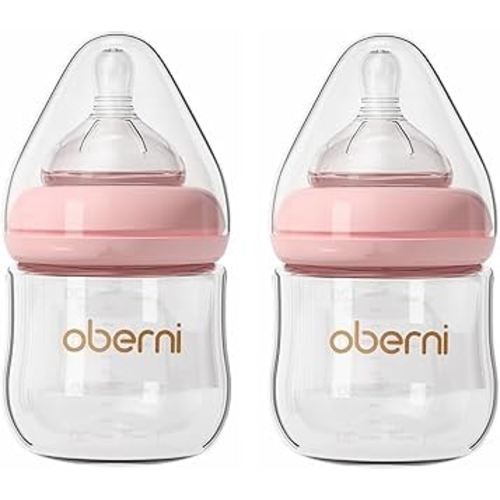 Glass Baby Bottles,Anti Colic Breastfeeding Bottle with Natural Response Nipple Size S,Wide Neck Slow Flow Baby Bottle for Baby,Newborn,Preemie 0-3 0-6 Month,BPA Free (Pink, 2 Pack, 4 Ounce)