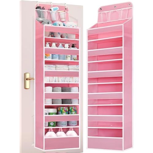 Over Door Hanging Organizer, No Tilt Baby Closet Door Organizer for Diaper Kids Toys Door Hanging Organizer Storage for Newborn Essentials Nursery Bathroom (6 tier Pink)