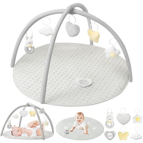 Baby Activity Gyms & Playmats, Tummy Time Mat for Babies 0-6 Month, 6 Detachable Toys for Sensory and Motor Skill Development, Washable Baby Play Mat, Convertible Stage-Based Developmental, Grey