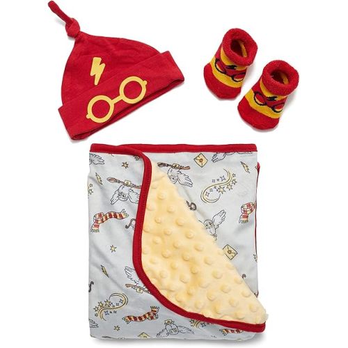 Harry Potter Baby Boys Blanket, Hat, and Socks Set Baby Plush Polar Fleece Blanket 35x35 Baby Gifts (Red/Yellow/Grey, 0-12 Months)