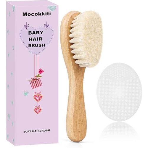 Baby Hair Brush and White Cradle Cap Brush Set for Newborns and Toddlers, Wooden Baby Hair Brush Set with Soft Goat Bristle, Baby Hair Care Kit (2PCS)