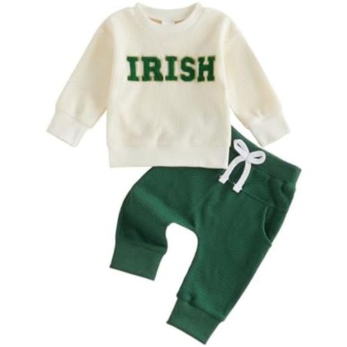 SAYOO Toddler Baby Boy St Patricks Day Outfit Irish Shamrock Embroidery Sweatshirt Top Long Sweatpants 2Pcs Clothes