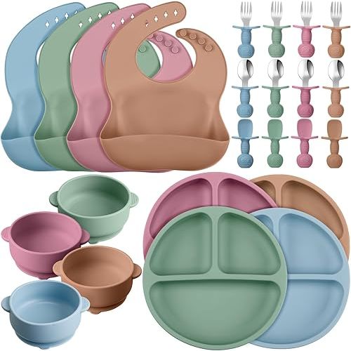 Yinder 24 Pack Silicone Baby Feeding Set Baby LED Weaning Supplies Includes Suction Divided Plates Soft Bowl Spoons Forks Adjustable Bib