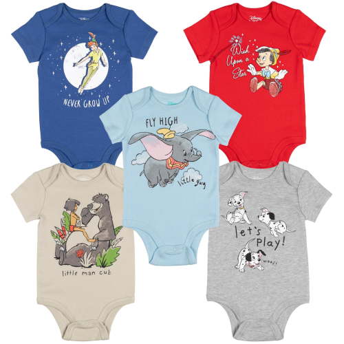 Disney Classics 101 Dalmatians Dumbo Peter Pan Pinocchio Newborn Baby Boys 5 Pack Bodysuits Multicolor 6-9 Months