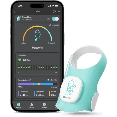 Sense-U Baby Smart Sock Shoe Baby Monitor, Track Sleep Patterns, Heart Rate, Movement for Peace of Mind, Infant Foot Monitor for Better Sleep, FSA/HSA Eligible, 0-12M
