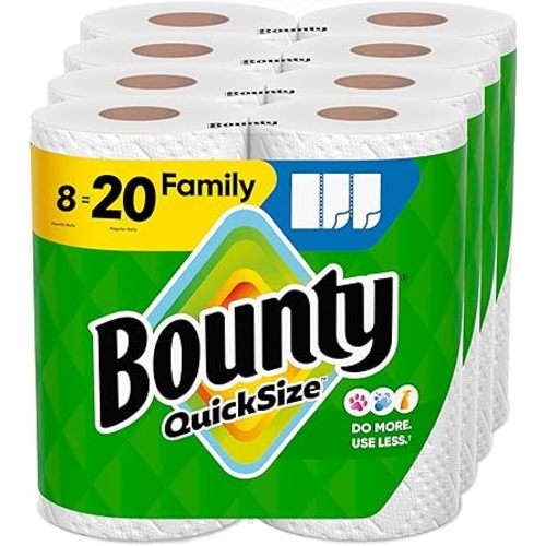 Bounty Quick Size Paper Towels, White, 8 Family Rolls = 20 Regular Rolls (Packaging May Vary)