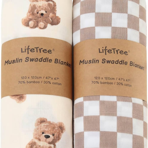 LifeTree Muslin Swaddle Blankets, Baby Swaddling Wrap Nursery Blanket Unisex, Soft 70% Viscose from Bamboo and 30% Cotton, Large 47 x 47 inches, Bear & Checkered Swaddle Blanket