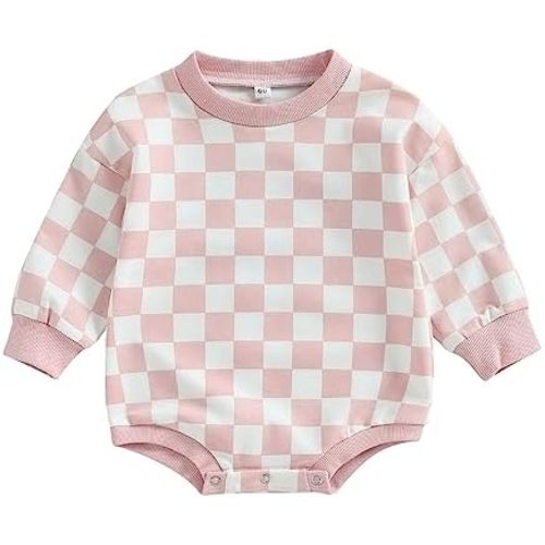Karuedoo Baby Boy Girl Checkered Sweatshirt Romper Oversized Long Sleeve Bubble Romper Top Neutral Baby Fall Clothes