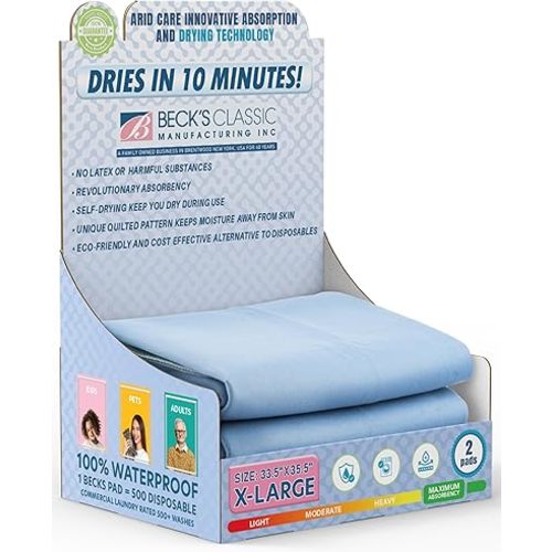 Beck's Classic Washable Underpads, 34 x 36 (2 Pack) - Heavy Absorbency Reusable Bedwetting Incontinence Pads for Kids, Adults, Elderly, Cats or Dogs- Waterproof Pad for Bed, Couch, Sofa, Floor