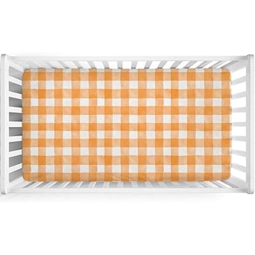 Pastel Orange and White Checker Baby Crib Sheets for Boys Girls Watercolor Checkered Gingham Soft Stretchy Fitted Newborn Bedding Nursery Baby Sheets 52x28 Buffalo Plaids Standard Crib Mattress Cover