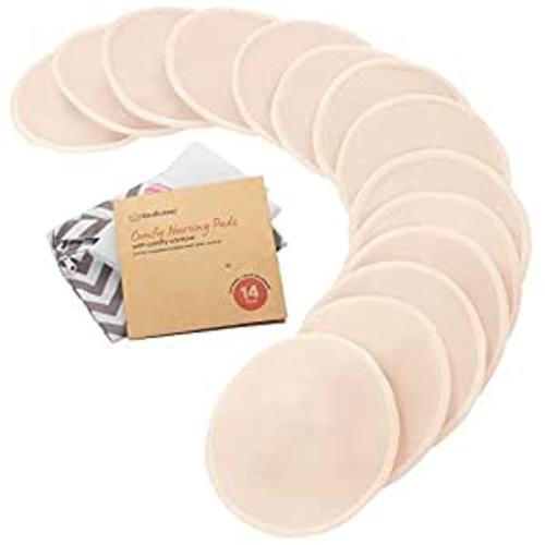 Organic Bamboo Nursing Pads - 14 Washable Breastfeeding Pads, Wash Bag, Reusable Breast Pads for Breastfeeding, Nipple Pads for Breastfeeding, Breastfeeding Essentials (Bare Beige, M 3.9")
