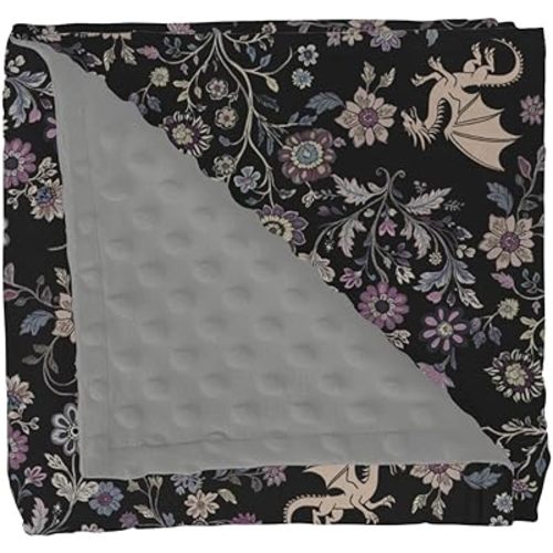 Fantasy Floral Dragons Baby Blankets for Girl Boy Fairytale Dragon Gothic Black Purple Flowers Soft Mink with Dotted Backing Double Layer Swaddle Blanket Animal Bed Throws for Infant Toddler 30x40