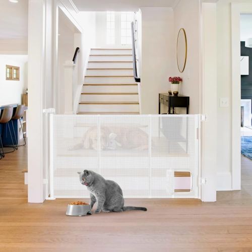 Reinforced 60” Wide Retractable Pet Gate with Cat Door Mesh Baby Gate for Stairs with Reinforced Strips Retractable Dog Gates with Cat Door Mesh Dog Gates for Doorways Separating Dogs from Cats, White