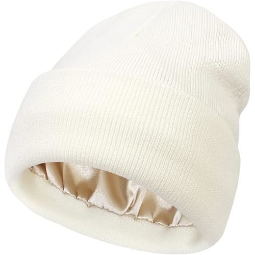 Baby Satin Lined Knit Beanie Hat Acrylic Winter Hats for Infant Toddler Silk Lining Soft Slouchy Warm Beanie Hat Girls Boys