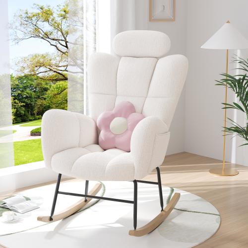 PAPROOS Modern Teddy Fabric Rocking Chair, Accent Rocker Chair with High Backrest, Accent Glider Rocker for Living Room Bedroom Playroom, White
