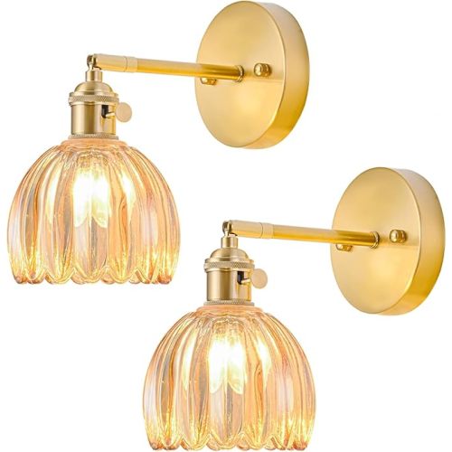 Plug in Wall Sconces Set of 2, Vintage Wall Sconce Light with Tulip Amber Glass Lampshade, Bedroom Wall Sconce with Switch and Plug in wall lamp Cord, Gold Wall Light Wall Decor Set of 2