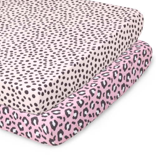 Peanutshell 2 Pack Mini Crib Sheets for Baby Girls, Portable Crib, Playard, Pack n Play, Cheetah Animal Print