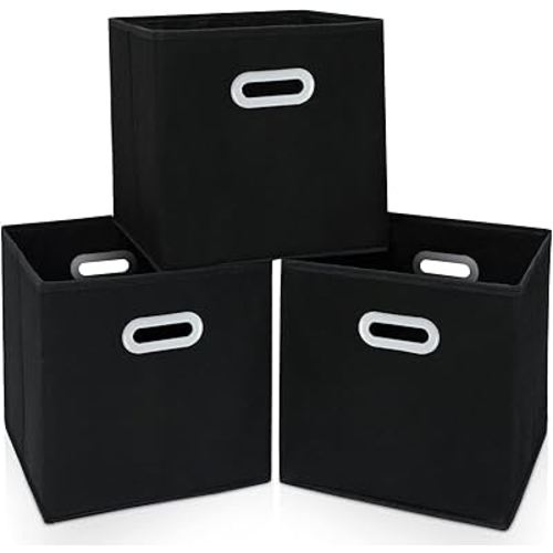 Fabric Cloth Storage Bins,Cube Organizer with Dual Handles Foldable Baskets for Home Bedroom,Set of 3, Black