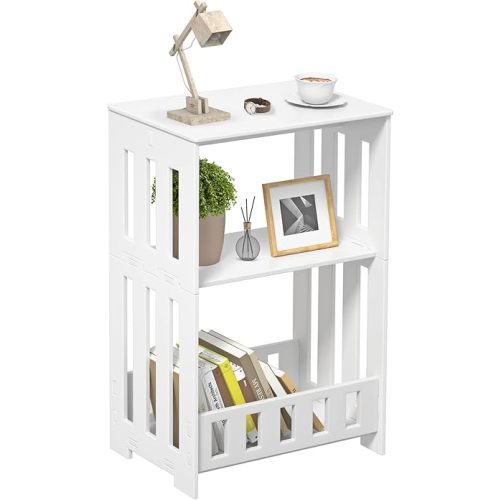 3 Tier Side Table Night Stand, Narrow End Table with Display Shelf, Small Bookcase Bookshelf, Simple Bedside Table Storage Rack for Bedroom, Living Room, Office, Bathroom, White