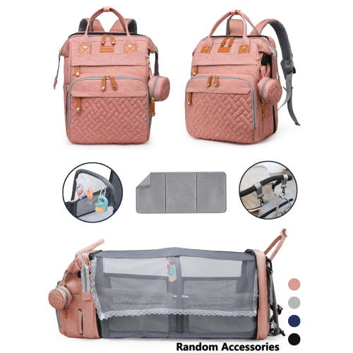 Quilted Diaper Bag Backpack with Built-in Baby Bed, Portable Travel Diaper Bag with Detachable Toys & Stroller Straps