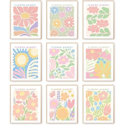 AnyDesign Flower Market Wall Art Prints 8 x 10 Inch Spring Floral Paper Art Posters Danish Pastel Flower Room Decor Posters for Home Gallery Aesthetic Living Room Bedroom Decor, 9 Sheet, Unframed