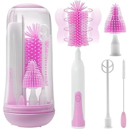 Electric Bottle Brush Cleaner, Portable Electric Baby Bottle Brush for Travel, Waterproof Electric Bottle Cleaner Set with Nipple & Straw Brush, Baby Bottle Brush Electric with Milk Frother, Pink