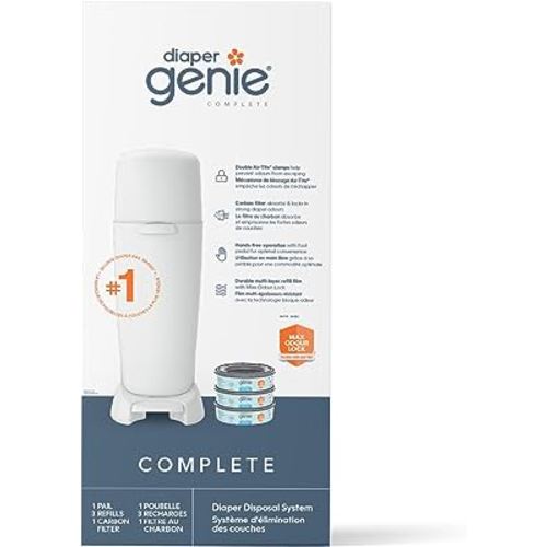 Diaper Genie Complete Diaper Pail with 1 Diaper Trash Can, 3 Refill Bags, 1 Carbon Filter (White)