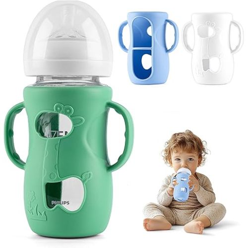 Desing Wish 3 Pack 8oz Silicone Sleeves with Handles for Avent Glass Natural Baby Bottles, Anti Breakage Protective Sleeves Compatible with Philips Avent Glass Baby Bottle 8 oz - Giraffe