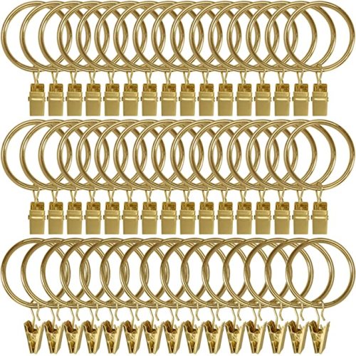 60 Pack Metal Curtain Rings with Clips, Curtain Clip Rings Hooks for Hanging Drapery Drapes Bows, Curtain Rod Rings 1.5 inch Interior Diameter, Gold