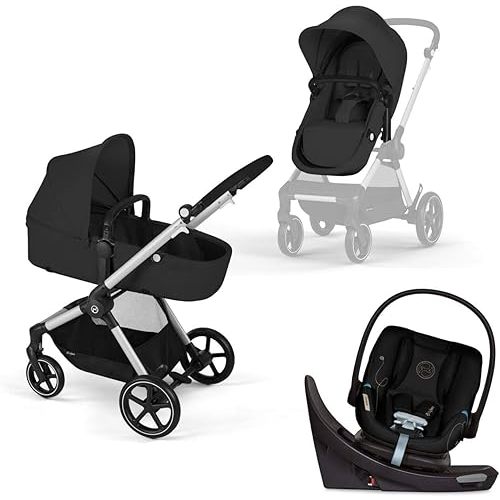 Cybex EOS 5-in-1 Travel System Stroller + Lightweight Aton G Swivel Infant Car Seat, Moon Black, Black Frame
