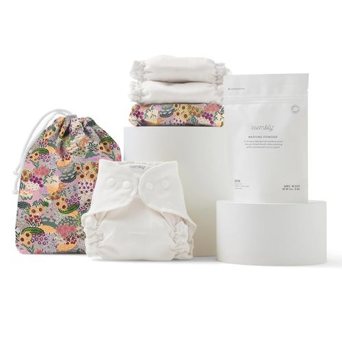 Esembly Try-It Kit - Cloth Diaper Starter Set with Organic Cotton Diapers, Waterproof Diaper Cover, Wet Bag, and Laundry Detergent - Botanic Garden, Size 1 (7-18lbs)