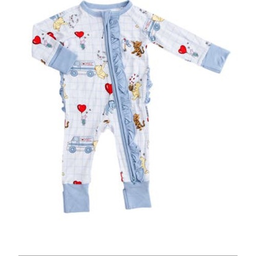 Valentine's Day Winnie the Pooh Hundred Acre Love Letters Double Zipper Convertible Romper with Ruffles, Newborn