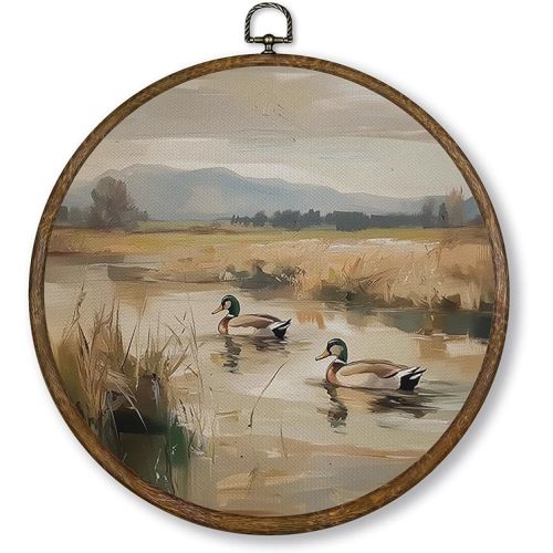 Qskjre Vintage Mallard Duck Wall Art Decor, Nursery Cottagecore Duck Pond Hunting Round Wood Framed Canvas Picture Wall Art, Rustic Bird Hunter Hanging Prints for Woodland Room Decorations 10"x10"