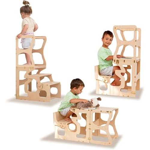 Woodandhearts Step Stool, Made in UA, Helping Tower, Toddler Standing Tower, Kids' Stool for Kitchen, Kids Step Stool, Toddler Kitchen Stool (with Shapes)