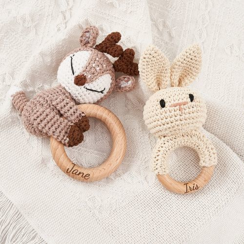 Personalized Baby Rattle, Baby Shower Toy, Wooden Baby Rattle, Montessori Toy, Baby Rattle, Birthday Gift, Crochet Animal Rattle, Baby Gift