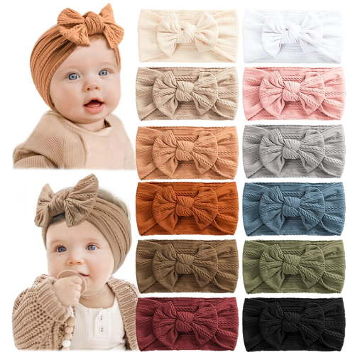 12 PCS Baby Headbands Handmade Super Stretchy Soft Nylon Hairbands Hair Bows Hair Accessories for Baby Girls Newborn Infant Toddlers Kids(Clay)