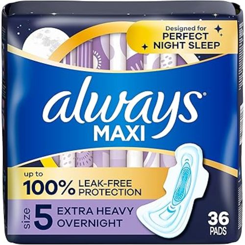 Always Maxi Overnight Pads with Wings, Size 5, 36 Count