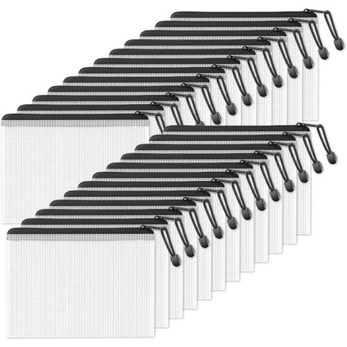 SUNEE Plastic Mesh Zipper Pouch 6.8x9.2 in (Black, 24 Packs), Small Water-Resistant Zip Bag for School Office Supplies, Pencil Organizing Storage