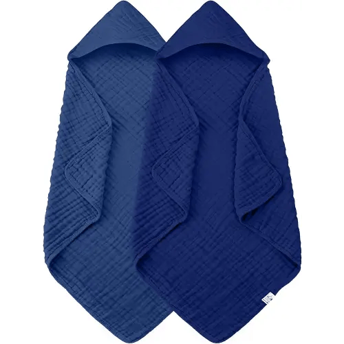 2 Pack Hooded Baby Towels - 100% Muslin Cotton for Newborns, Infants, Toddlers - Large 32x32 Inch Size - Highly Absorbent and Essential for Newborn Care, Deep Navy
