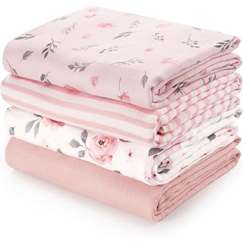 PHF Muslin Swaddle Blankets for Newborn, 4 Pack Organic Soft Breathable Receiving Blankets, Large 47x 47 Inches, Skin-Friendly Muslin Baby Swaddles for Girls, Baby Essentials Shower Gifts, Floral