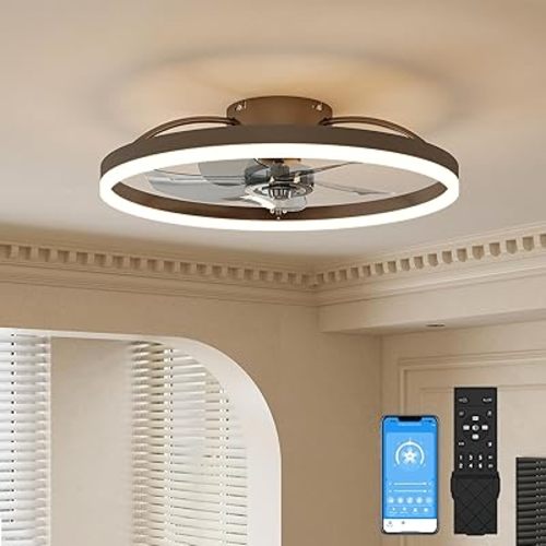 VOLISUN Low Profile Ceiling Fans with Light and Remote,19.7in Modern Bladeless Ceiling Fan with Lights,3000K-6500K Dimmable Flush Mount LED Fan Light,Brown Fandelier Ceiling Fans for Bedroom