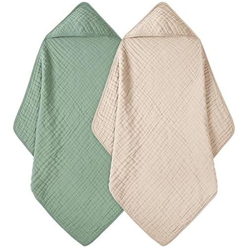 Baby Bath Towels, 100% Muslin Cotton Hooded Baby Towels for Newborn, Baby Towels with Hood for Infant Toddler and Kids, Large 32x32Inch, Soft and Absorbent